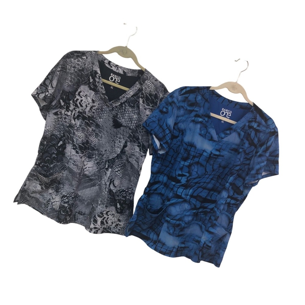 Lot of 2 Barco One Scrub Tops Abstract Medical Uniform Workwear Womens XL Lot B